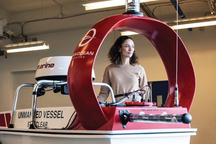 154A3262_db Julie Angus, CEO of Open Ocean Robotics, with one of their unmanned vessels.