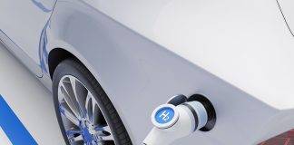 Hydrogen fuel car charging station white color visual concept design. 3d Illustration.