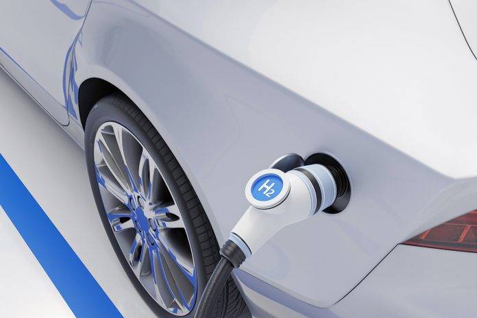 Hydrogen fuel car charging station white color visual concept design. 3d Illustration.