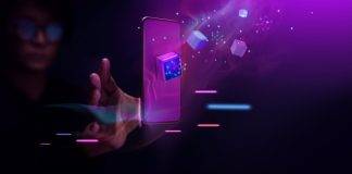 Metaverse and Blockchain Technology Concepts. Person with an Experiences of Metaverse Virtual World via Smart Phone. Futuristic Tone. Conceptual Photo (Metaverse and Blockchain Technology Concepts. Person with an Experiences of Metaverse Virtual World