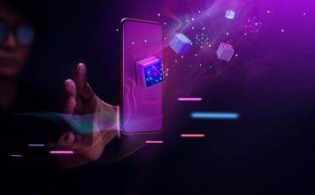 Metaverse and Blockchain Technology Concepts. Person with an Experiences of Metaverse Virtual World via Smart Phone. Futuristic Tone. Conceptual Photo (Metaverse and Blockchain Technology Concepts. Person with an Experiences of Metaverse Virtual World
