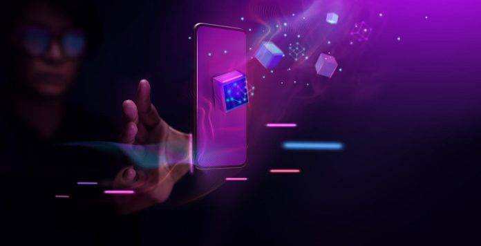 Metaverse and Blockchain Technology Concepts. Person with an Experiences of Metaverse Virtual World via Smart Phone. Futuristic Tone. Conceptual Photo (Metaverse and Blockchain Technology Concepts. Person with an Experiences of Metaverse Virtual World