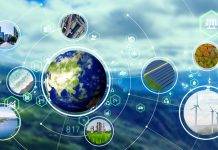 conceptual graphic of planet with green business industry icons