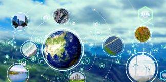conceptual graphic of planet with green business industry icons