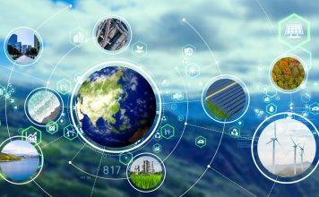 conceptual graphic of planet with green business industry icons