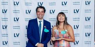 Victoria Leadership Award recipient Sage Lacerte with City of Victoria councillor Jeremy Loveday