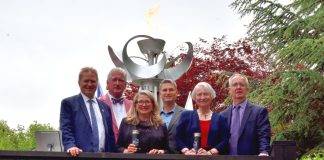 The 55+ BC Games held their official torch lighting ceremony on June 7 to mark 100 days until the Games take place in Greater Victoria. Left to right: Stew Young, Mayor, City of Langford, Michael O'Connor, President of the Board producing the Games, Lana Popham, BC Minister of Agriculture & Food, Kevin Murdoch, Mayor of Oak Bay, Karen Harper, Councillor, District of Saanich and Al Ferraby, CFAX Radio host.