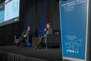 MNP Senior Economist Susan Mowbray, pictured with emcee and CHEK News anchor Joe Perkins, at the 2022 VIEA Economic Summit.