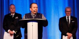 Songhees Nation Chief Ron Sam speaks at the Greater Victoria Chamber of Commerce Hall of Fame event.