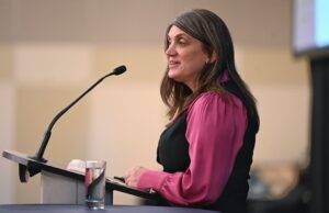 VIEA President Julie Sperber speaks at the annual Economic Summit. Photo: Dirk Heydemann.