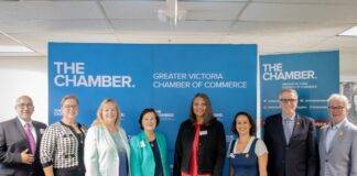 Bruce Williams, CEO of the Greater Victoria Chamber of Commerce, with representatives from The Victoria Foundation, Victoria International Airport, Victoria Immigrant & Refugee Centre Society, Western Design + Build and Air Canada. Photo courtesy of The Chamber.