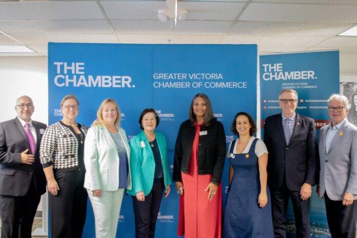 455885094_912353114268174_720964055553678029_n Bruce Williams, CEO of the Greater Victoria Chamber of Commerce, with representatives from The Victoria Foundation, Victoria International Airport, Victoria Immigrant & Refugee Centre Society, Western Design + Build and Air Canada. Photo courtesy of The Chamber.