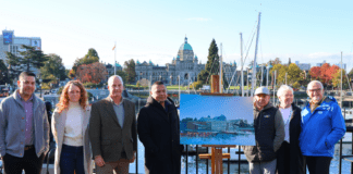L-R: Rob Dick, Katie McGovern, Jamie Webb, Chief Jerome Thomas, Chief Ron Sam, Donna Livingstone, Angus Matthews. Photo: Maritime Museum.
