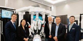 Urologists Dr. Metcalfe, Dr. Lee, Dr. McAuley, Dr. McCracken and Dr. Hosier with the da Vinci robot surgical system coming to Royal Jubilee Hospital. Credit: Victoria Hospitals Foundation