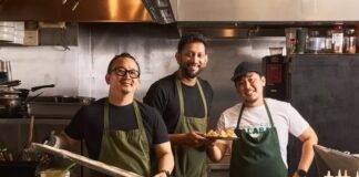 Chefs Karma Tenpa, Kiran Kolathodan and sous chef Tenzin Wangjor prep egg puffs in the shared-use Coho Commissary kitchen at Victoria Public Market.
