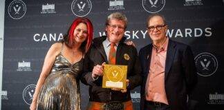 Awards host Heather Leary with Dr. Graeme Macaloney (Macaloney Island Distillers) and Davin de Kergommeaux, Canadian Whisky Awards judge. Photo: Jen Steele Photography