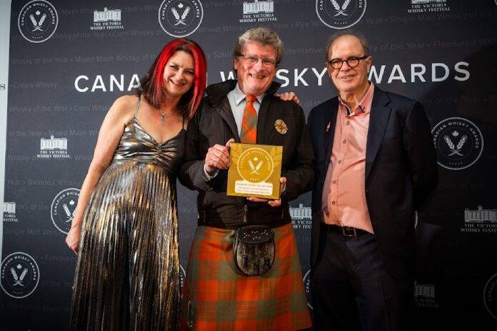 macaloneys Awards host Heather Leary with Dr. Graeme Macaloney (Macaloney Island Distillers) and Davin de Kergommeaux, Canadian Whisky Awards judge. Photo: Jen Steele Photography