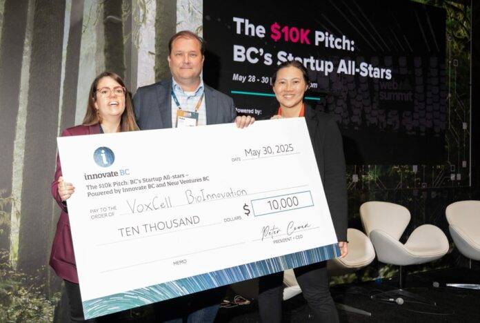 VoxCellWinsPitchCompetitionWebSummit Karolina Valente (left) is the winner of at The $10K Pitch: BC’s Startup All-Stars, a live pitch competition presented by Innovate BC and New Ventures BC. Photo: Innovate BC.