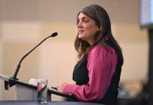 VIEA President Julie Sperber speaks at the annual Economic Summit. Photo: Dirk Heydemann.