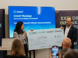 Douglas Weekly – October 30 Jason Goldsworthy, Executive Director of COAST, presents SeaFoam co-founder Amy Yang with the $10,000 prize for COAST Pitchfest 2025. Photo credit: COAST/Megan Wilson.