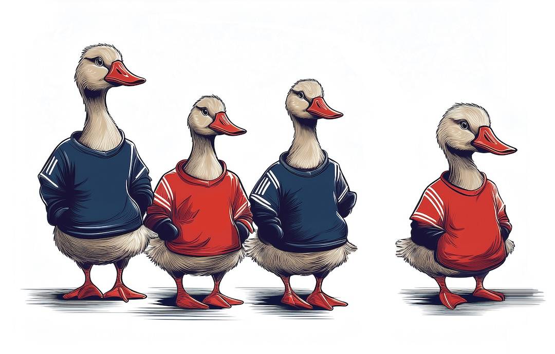 Ducks wearing Canadian hockey jerseys.