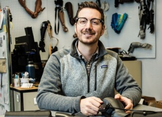 Michael Peirone working with prosthetic devices.