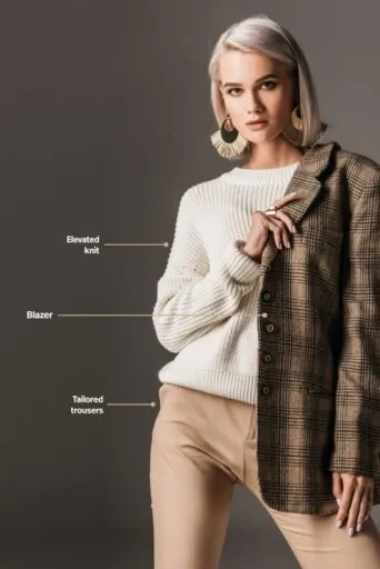 Fashionable business casual outfit with blazer and trousers.