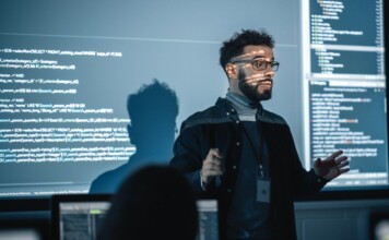 Technical professional explaining their work